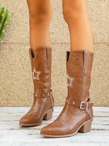 Vintage Star Embroidered Western High Heel Pointed Toe Knee-High Riding Boots For Women - Brown - View 4
