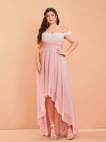 Mgiacy-Pop Plus Size Elegante Vestido Maxi Rosa de Renda e Chiffon com Ombros à Mostra, Manga Curta e Bainha Assimétrica para Mulheres, Verão, Casamento, Festa, Férias & Festival - Baby Rosa - Ver 3