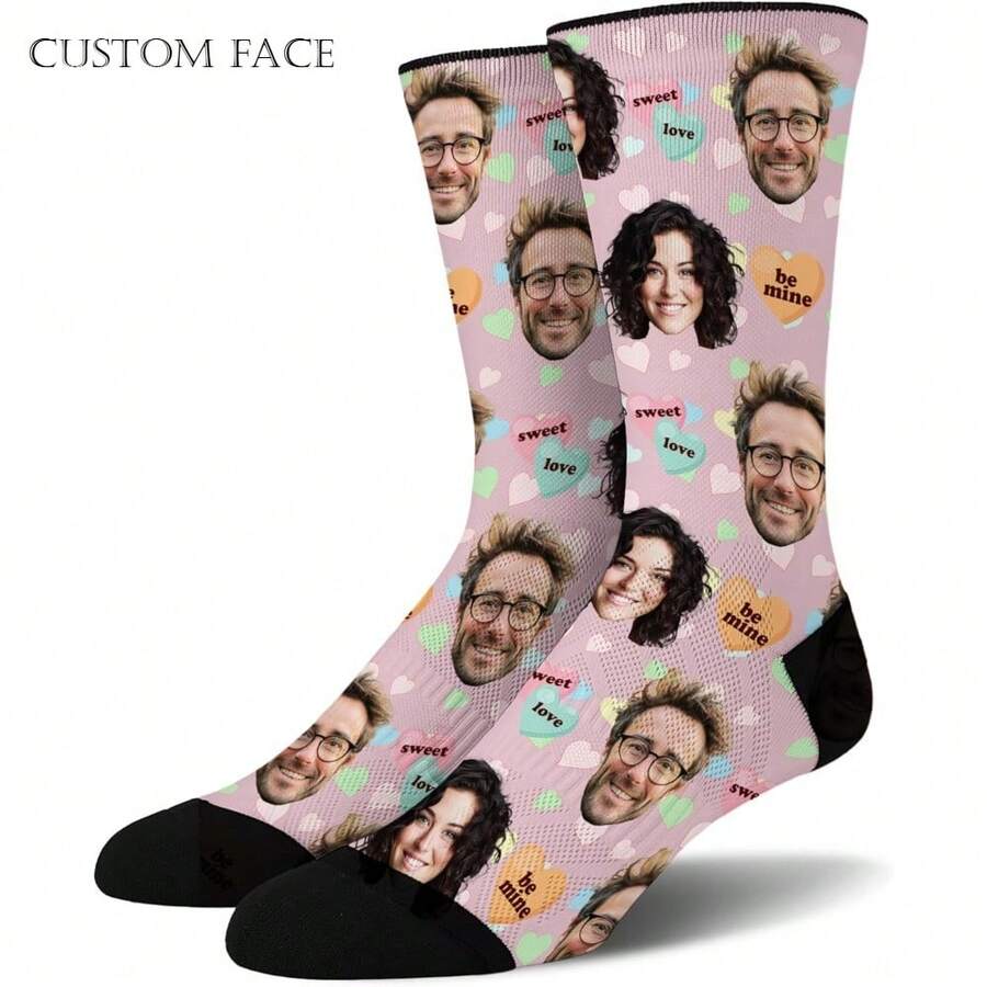 1PC •Custom Novelty Face Socks: Funny And Personalized Gifts For Men, Women, And Fans Of Dogs & Cats On Valentine's Day And Christmas - Black - View 1