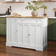Kitchen Island Cart With Storage, Carved Doors Modern Rolling Islands With Drop Leaf, Sideboard Buffet Cabinet On Wheels, Prep Table For Kitchen, Dining Room - White - View 9