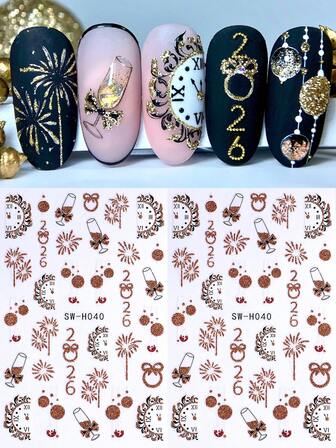 3D Gold Glitter Fireworks Clock Nail Stickers 2pcs Cartoon Bow Crystal Ball Champagne Red Wine Glass 2026 Manicure Design DIY Y2K Holographic Winter Christmas New Year Self-Adhesive Gel Polish Decal Sliders Nail Art Decoration