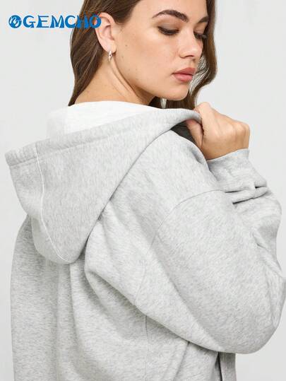 GEMCHO Women's Casual Loose Open Front Drop Shoulder Drawstring Hooded Sweatshirt Jacket With Pockets, Suitable For Daily Commute/Casual Outings/Home/Workout, Warm And Comfortable - Autumn/Winter