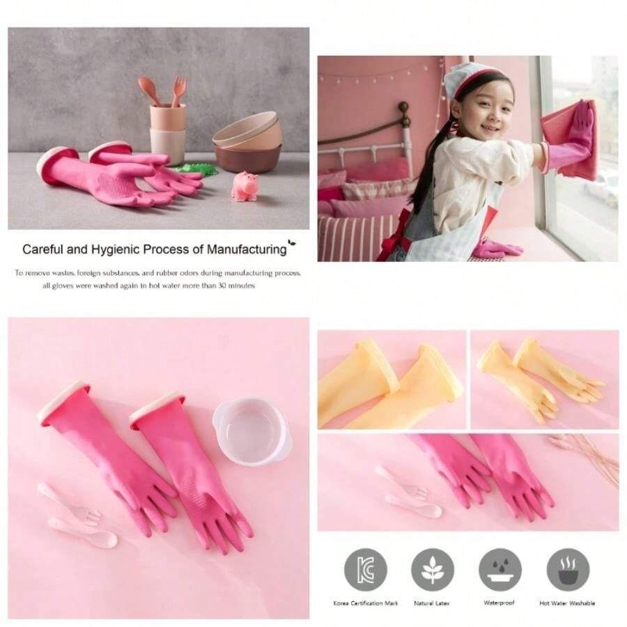 Myungjin 2Pair Reusable Multipurpose Waterproof Hand Rubber Latex GlovesDishwashing, Cleaning, Painting - rosado+rosado - Ver 1