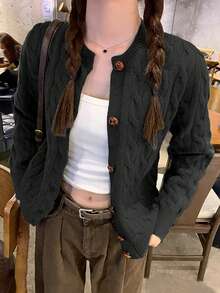 女士高端韩版长袖针织开衫复古纽扣秋冬日常约会通勤长袖上衣 - 黑色 - 查看 4