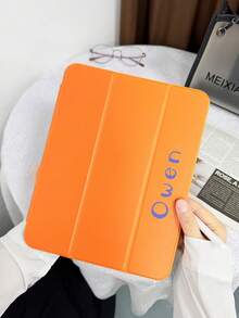 Customized Text Flat Tablet Case, Orange Solid Color, Suitable For IPad Mini4/Mini5/Mini6/Mini7, IPad A16 2025, Air 11 13 M2 M3 Pro 11 13 M4 2024, Air 4 5 10th 10.9, Pro 11 9th 8th 7th 10.2 4th 5th 6th Model A8, Customized Text, Tri-Fold Stand, Built-In Pen Slot, Soft Edge Full Coverage, Minimalist Casual Classic TPU Soft Shell IPad Flip Tablet Case. Note: The Final Font Style Is Subject To The Physical Picture, And There May Be Slight Color Differences. - Orange - View 6