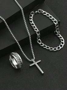 Juego de 3 piezas de joyería de moda de acero inoxidable para hombres, que incluye collar de cruz, pulsera y anillo giratorio, adecuado para uso diario y decoración - Multicolor - Ver 8