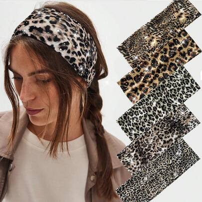 1pc Leopard Print Rhinestone Headband, Retro Fashion Sporty Headwrap, Elastic Breathable Polyester Material Warm Hair Bands Women Bandanas Winter Hair Accessories