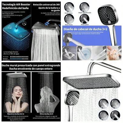 Regaderas para Bao, Regaderas Fijas, Regaderas Cuadrada de Alta Presin y Shower de Mano, Equipado con flexo de 1, 5 y soporte de fijacin para duchaNo incluye dispensador de grifo