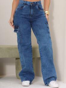 Wide Leg Cargo Pants With Pockets And Lycra – Modern Design, Comfort And Urban Style - Medium Wash - View 1