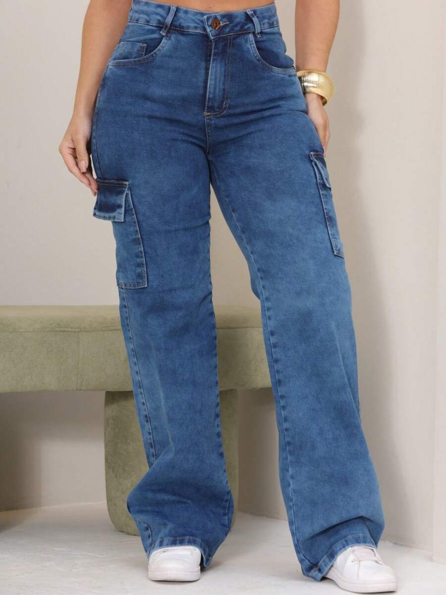 Wide Leg Cargo Pants With Pockets And Lycra – Modern Design, Comfort And Urban Style - Medium Wash - View 1