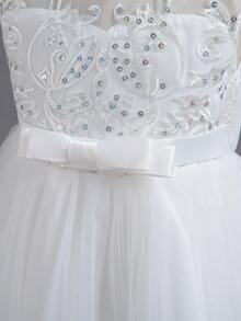 Flower Girl Lace Dress For Kids Wedding Bridesmaid Pageant Party Formal Long Gown Princess Communion Tulle Bow Evening Dresses - 白色 - 查看 6