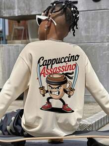 1pc Boys' Casual Cool Graphic Print Crew Neck Long Sleeve T-Shirt, Loose Fit Student Streetwear Top, Autumn, Young Silhouette Design - Apricot - View 6