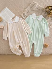 2pcs Baby Girls' Fashionable Cute Contrast Color Plush Ribbed Romper, Half-Cardigan Style - Soft & Comfortable, Baby Girls' Casual Resort Style, Suitable For Spring/Autumn Parties, Gatherings And Daily Wear - Multicolor - View 1