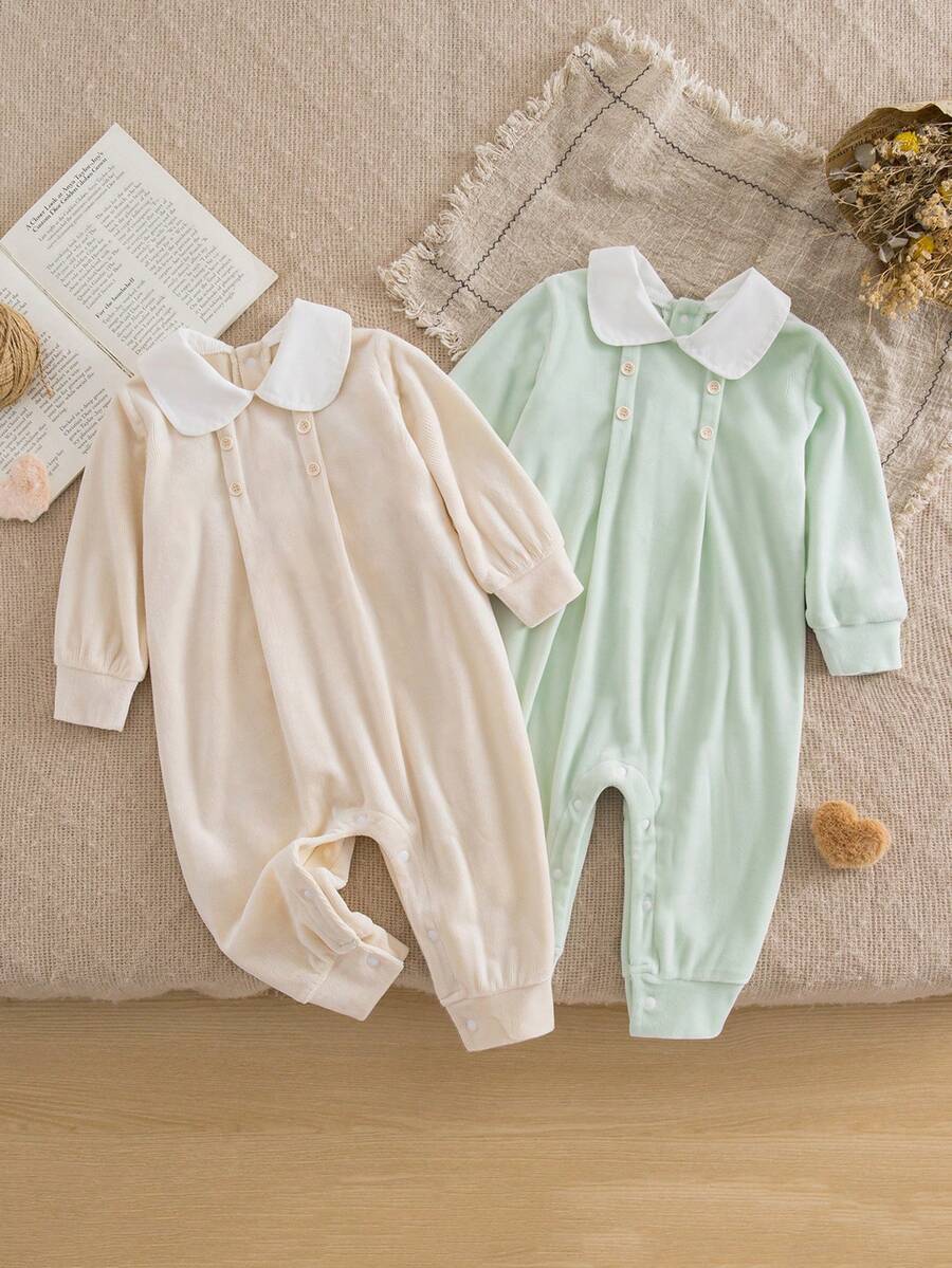 2pcs Baby Girls' Fashionable Cute Contrast Color Plush Ribbed Romper, Half-Cardigan Style - Soft & Comfortable, Baby Girls' Casual Resort Style, Suitable For Spring/Autumn Parties, Gatherings And Daily Wear - Multicolor - View 1
