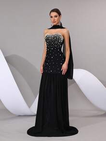 Black Strapless Beaded Pearl Decor Long Dress With Cape Overlay Perfect For Prom, Bridesmaid And Evening Party - Black - View 6