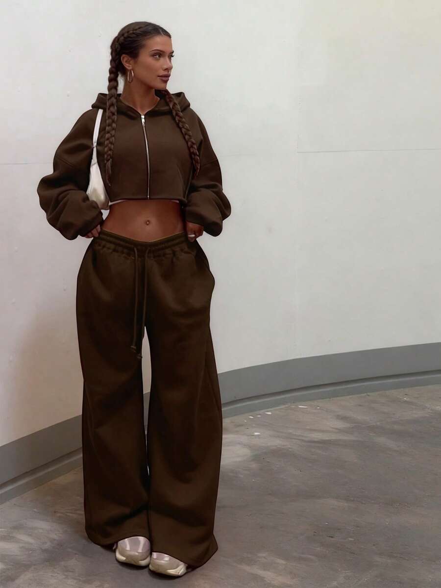 女士休闲保暖连帽卫衣和宽松运动裤套装 春季