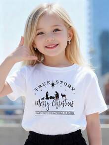 Playeras de niño Historia Verdadera Feliz Navidad Nacido un Niño para María blusas para adolescentes tops para adolescentes Camisetas de niña Camisetas navideñas Regalos navideños Camiseta de Halloween para niñas Camisetas para niños y niñas La tela es suave, transpirable y cómoda, hecha de puro - Blanco - Ver 1