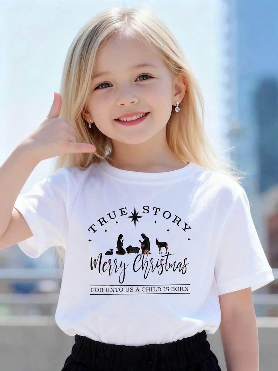 Playeras de niño Historia Verdadera Feliz Navidad Nacido un Niño para María blusas para adolescentes tops para adolescentes Camisetas de niña Camisetas navideñas Regalos navideños Camiseta de Halloween para niñas Camisetas para niños y niñas La tela es suave, transpirable y cómoda, hecha de puro - Blanco - Ver 1