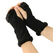 Autumn And Winter Knit Fingerless Gloves - Women's Wool Lined Thick And Thick Fleece Lace Pattern Fingerless Gloves With Furry Sleeve Ends, Warm Gloves Suitable For Cold Weather In Autumn And Winter. Christmas Gift Thermal Warm Winter