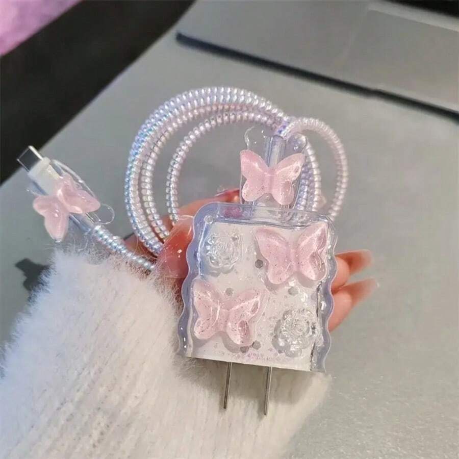 Butterfly Flower Charger Protective Cover, 20W/18W Charging Cable Protective Cover, Compatible For IPhone 16 Pro Max/15/14/13/12/11 Charger, Perfect Gift For Friends And Besties - Clear - View 1