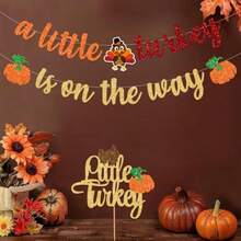 DGlitter Thanksgiving Turkey Pumpkin Baby Shower Banner - A Little Turkey Is On The Way - Fall 1st Birthday Decoration - 小火雞來了 - 查看 4