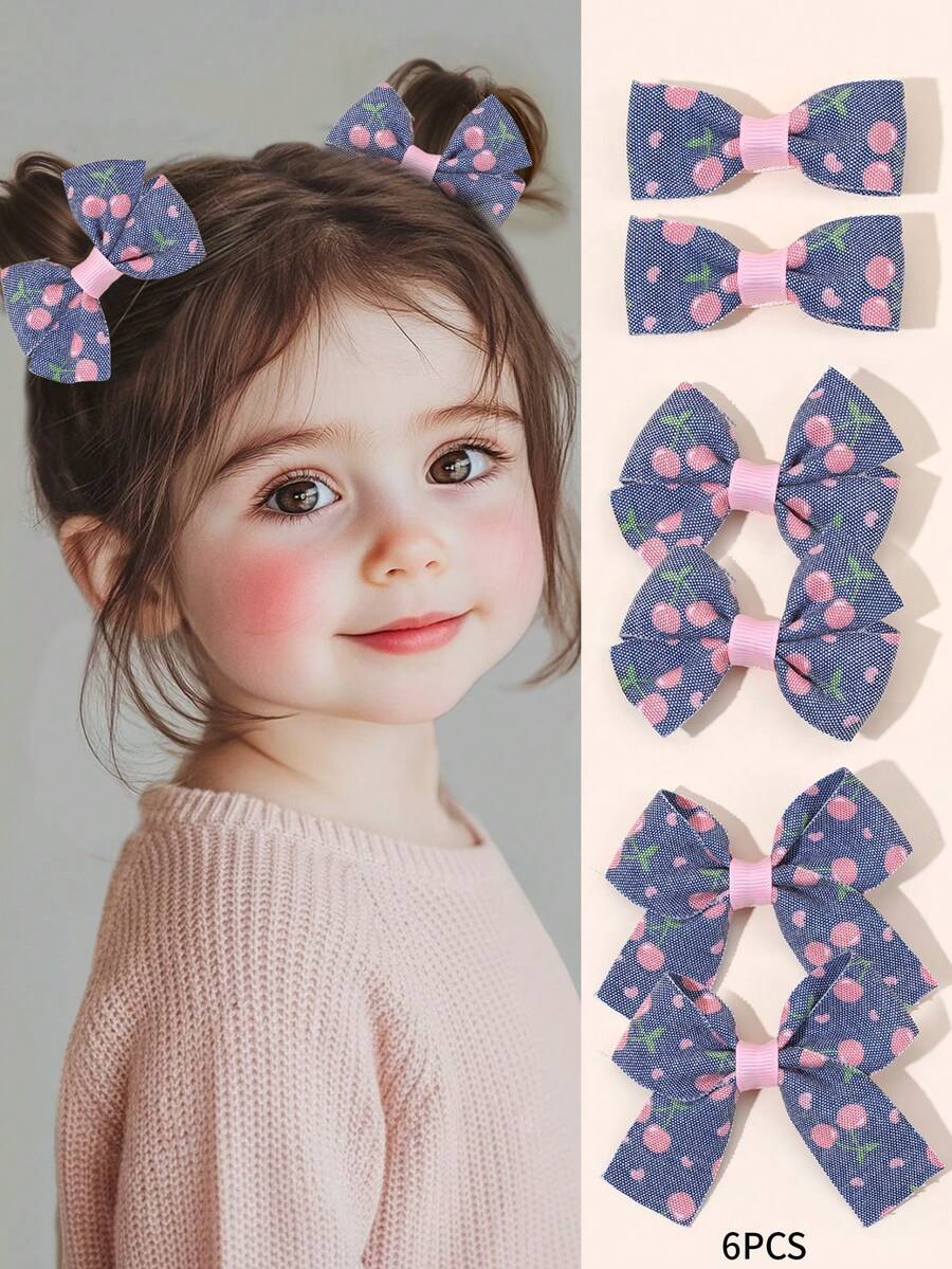 6 Stücke Kirsch Denim Haarbögen für Mädchen, süße rosa Kirschenschleifen Haarclips mit, bezaubernde Kirschfrucht Schleifen Haarspangen Clips für Alltag, Feiertage, Partys, Kinderhaarzubehör