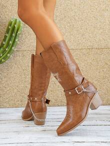Vintage Star Embroidered Western High Heel Pointed Toe Knee-High Riding Boots For Women - Brown - View 6
