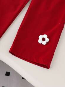 2 件女童休闲可爱 3D 花卉上衣和裤子套装，春秋 - 酒紅色 - 查看 5