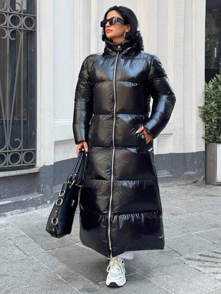 “御寒之选——终极女士长款夹棉大衣” - 黑色 - 查看 1