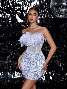 Velvet Sequin Mesh Feather Patchwork Backless Mermaid Zipper Closure Fitted Cocktail Party Dress - White - View 2