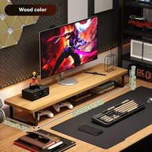 Senmeo 31.5" Extra Long Desk Organizer Monitor Stand (3.54" Height Adjustment), Heavy-Duty Ergonomic Stand With Under-Desk Storage - Wood Color - View 7