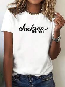 JACKSON Guitars Women'S Casual Short Sleeve T-Shirt - Breathable Round Neck Tee With Bold White Cursive Print, All-Season Comfort For Daily Wear, Work, & Outdoor (S-XXL), Workwear Top, Relaxed Style Shirt, Nontransparent Material, Medium Stretch Fabric - 白色 - 查看 1