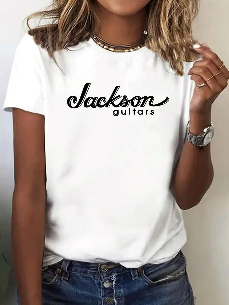 JACKSON Guitars Women'S Casual Short Sleeve T-Shirt - Breathable Round Neck Tee With Bold White Cursive Print, All-Season Comfort For Daily Wear, Work, & Outdoor (S-XXL), Workwear Top, Relaxed Style Shirt, Nontransparent Material, Medium Stretch Fabric - 白色 - 查看 1