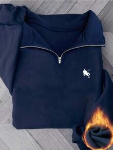 Women's Autumn/Winter New All-Match American Style Horse Logo Print Casual Half-Turtleneck Zipper Sweatshirt, Fashion & Versatile - Navy Blue - View 9