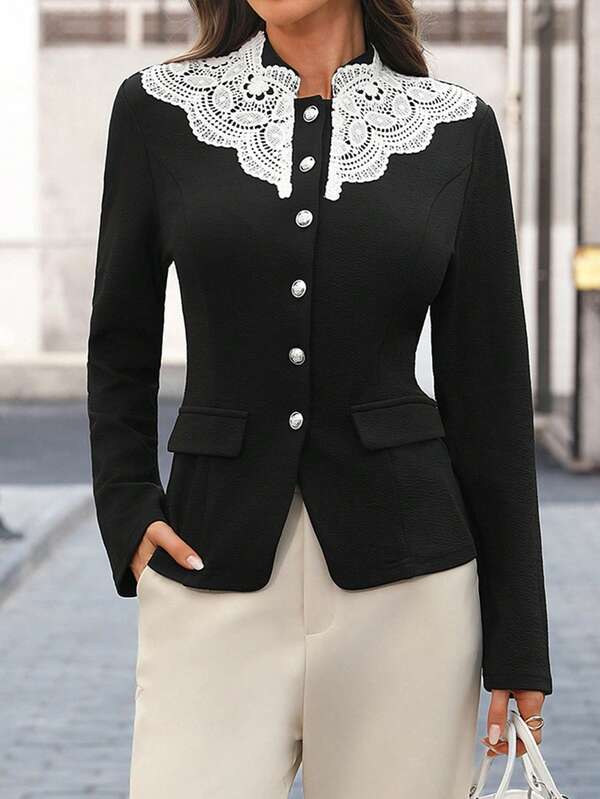 Women's Elegant Black Tailored Blazer With Vintage Lace Collar