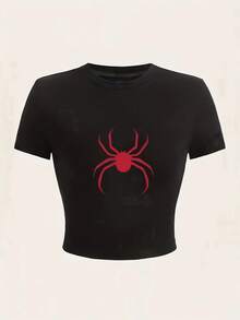 1pc Women's Y2K Minimalist Red Spider Silhouette Graphic T-Shirt - Black Geometric Print, Bold Contrast Design, All-Season Casual Wear, Hand Wash Only, Perfect Gift For Dark Aesthetic Lovers - 白色 - 查看 1