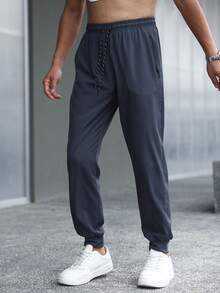 Plus Size Men's Lightweight Breathable Sports Pants, Casual Quick-Dry Workout Trousers - Dark Grey - View 4