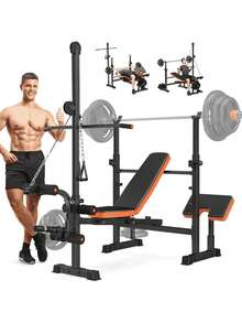 800lbs 8-In-1 Adjustable Weight Bench Set For Home Gym – Multi-Function Strength Training With Lat Pulldown, Leg Extension/Curl, Preacher Curl & Squat Rack, 5 Backrest Positions (Black) - 黑色和橙色 - 查看 1