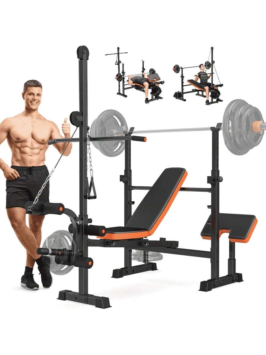 800lbs 8-In-1 Adjustable Weight Bench Set For Home Gym – Multi-Function Strength Training With Lat Pulldown, Leg Extension/Curl, Preacher Curl & Squat Rack, 5 Backrest Positions (Black) - 黑色和橙色 - 查看 1