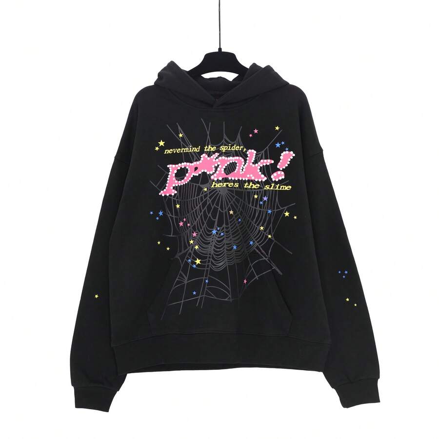 Sp5der Printed PINK Hoodie For Women 555 Street Hip-Hop Spider Hoodies Y2K Autumn Fashion Unisex Harajuku Vintage Long Sleeve Oversized Hoodies - 黑色 - 查看 1