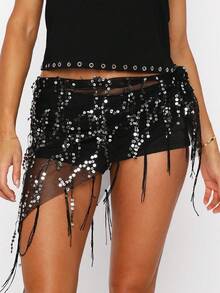 Women Belly Dance Sequin Tassel Hip Scarf Triangle Belt Wrap Skirts Music Festival Sheer Mesh Waist Chain - 黑色 - 查看 4