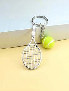 1pc Men's Simulation Tennis Racket Keychain Plush Tennis Keyring, Best Gift For Brother Or Best Friend Who Love Sports Casual Car Accessories Bag Charm School - 銀色 - 查看 5