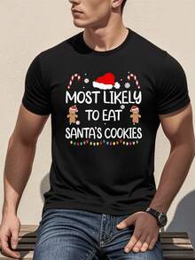 Camiseta casual para hombres 220g divertida Navidad con frase más propenso a comer las galletas de Santa" con estampado digital festivo y alegre 1 unidad de 100% algodón - Negro - Ver 1