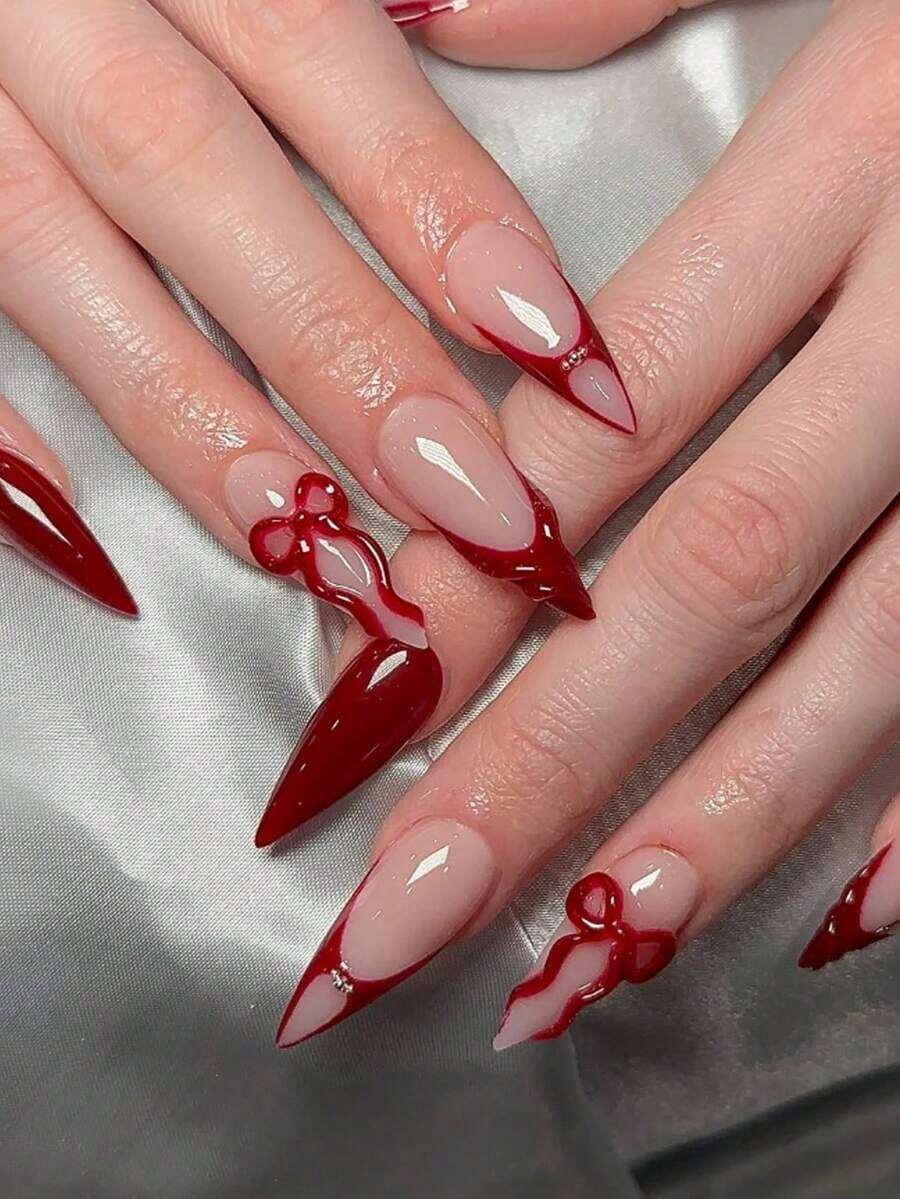 24pcs Long Pointed French Manicure Nail Stickers, Red French Tip Design With 3D Bow, Red 3D Line Art, Elegant Glossy, Full Coverage, Suitable For Women And Girls Fake Nails - 紅色4 - 查看 1