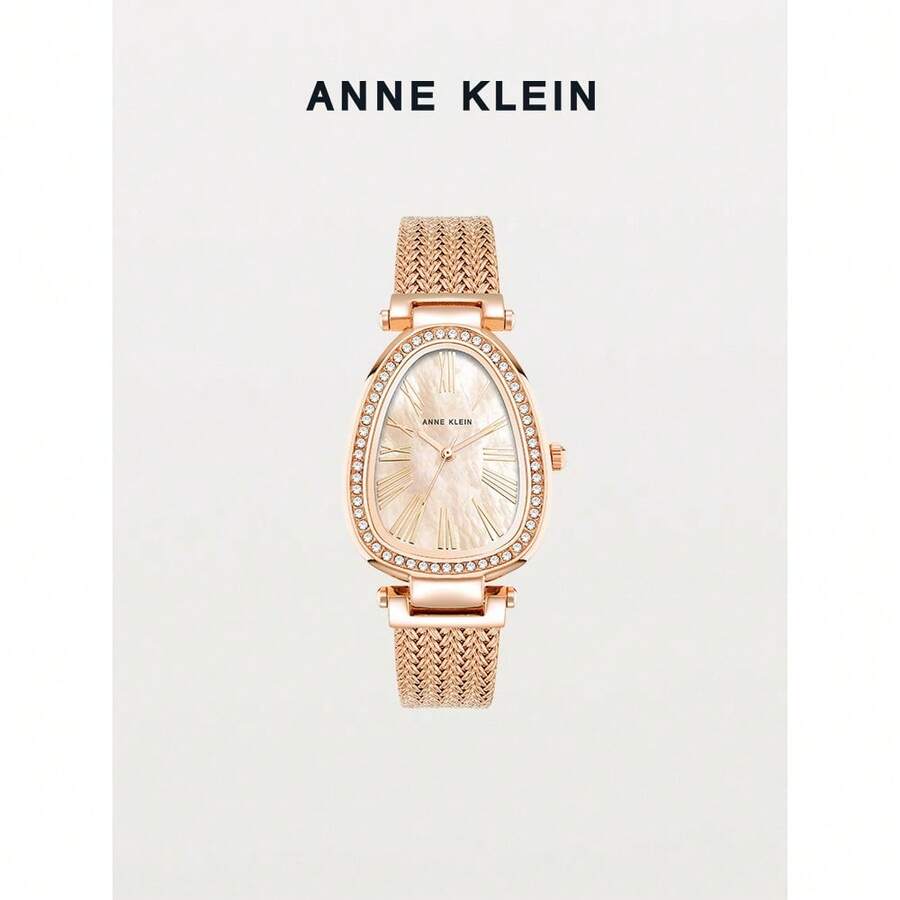 ANNE KLEIN Oval Crystal Bezel Watch For Women, Pink MOP Dial With Roman Numerals, Rose Gold-Tone Stainless Steel Mesh Bracelet - one-size - View 1