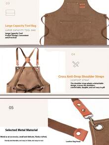 1 avental de lona de algodão reforçado e reforçado com 3 bolsos grandes, adequado para homens e mulheres. Fivela cruzada fixa nas costas. Avental ajustável e resistente para churrasco, cozinha e jardinagem.