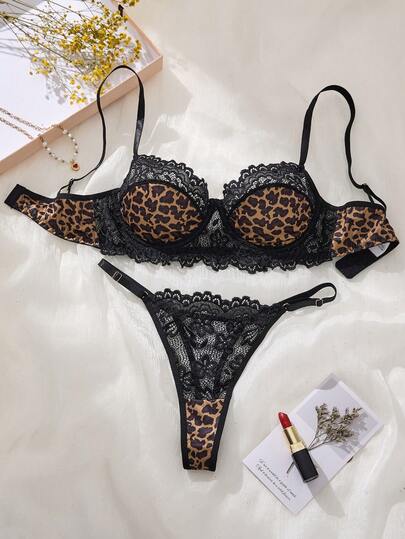 Cheetah Print Kanten Bloemen Lingerie Set, Zachte Crop Sleep Top Thong, Verleidelijke Charming Two Pieces Halloween Holiday