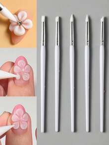 FULL BEAUTY Set de 5 piezas de brochas de silicona blancas de doble punta - Diseño multifunción 5 en 1 con puntas redondas, planas y de detalle para arte de uñas DIY, utilizado para estampado, cepillado de polvo, pintura y dotting de gel