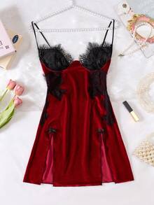 全新天鹅绒设计蕾丝拼布开衩性感内衣吊带睡衣 - 酒紅色 - 查看 11