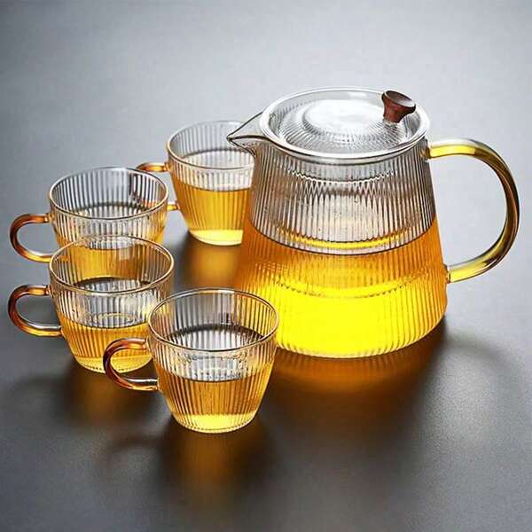 إبريق شاي زجاجي مخطط جديد بالجملة، إبريق شاي مقاوم للحرارة سميك، إبريق شاي بزهور، إبريق ماء خالي من التسرب